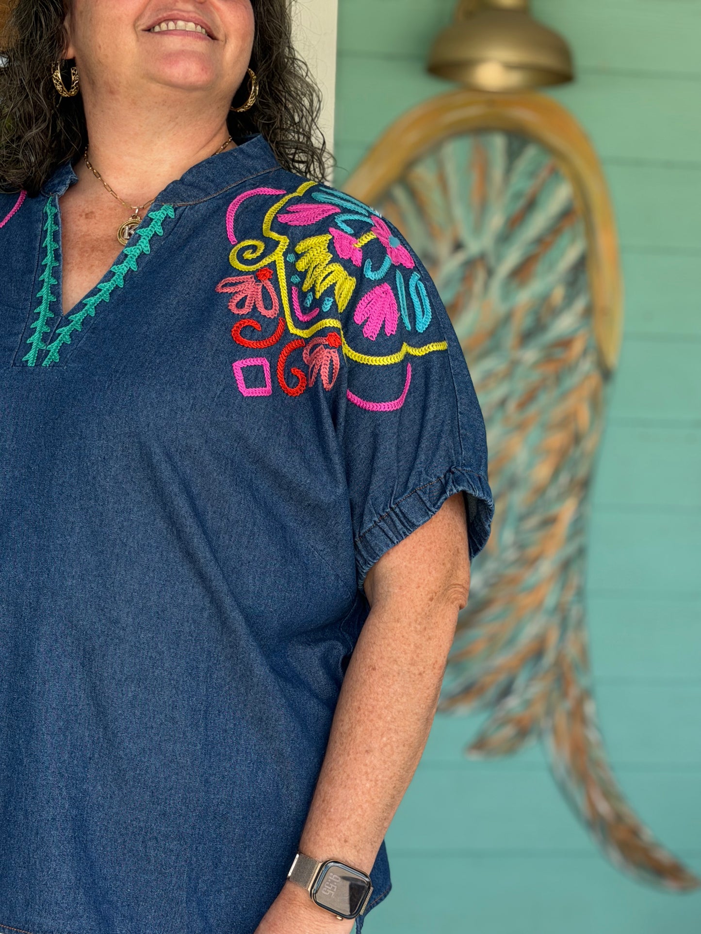 Bright Embroidered Denim Puff Sleeve Top