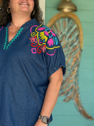 Bright Embroidered Denim Puff Sleeve Top