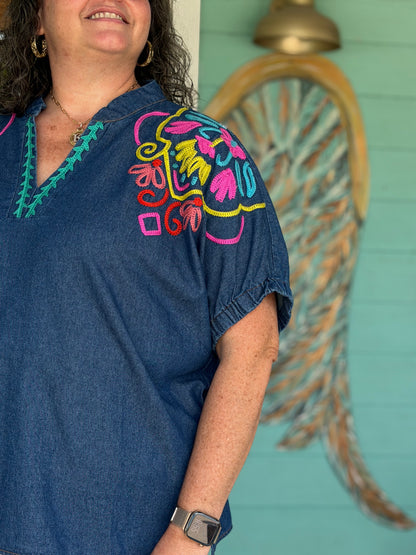Bright Embroidered Denim Puff Sleeve Top