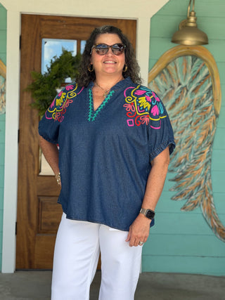 Bright Embroidered Denim Puff Sleeve Top
