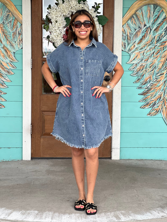 Denim Shirt Dress Frayed Hem