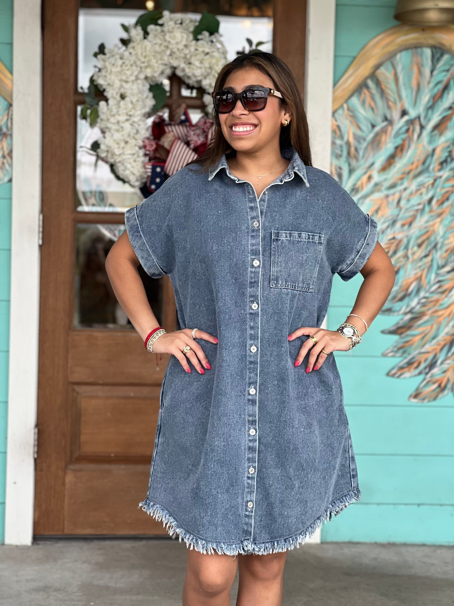 Denim Shirt Dress Frayed Hem