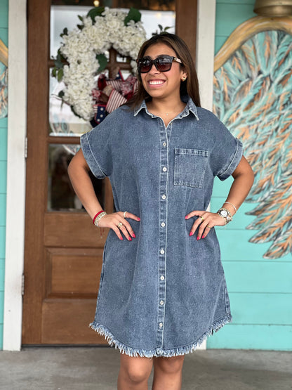 Denim Shirt Dress Frayed Hem