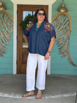 Bright Embroidered Denim Puff Sleeve Top