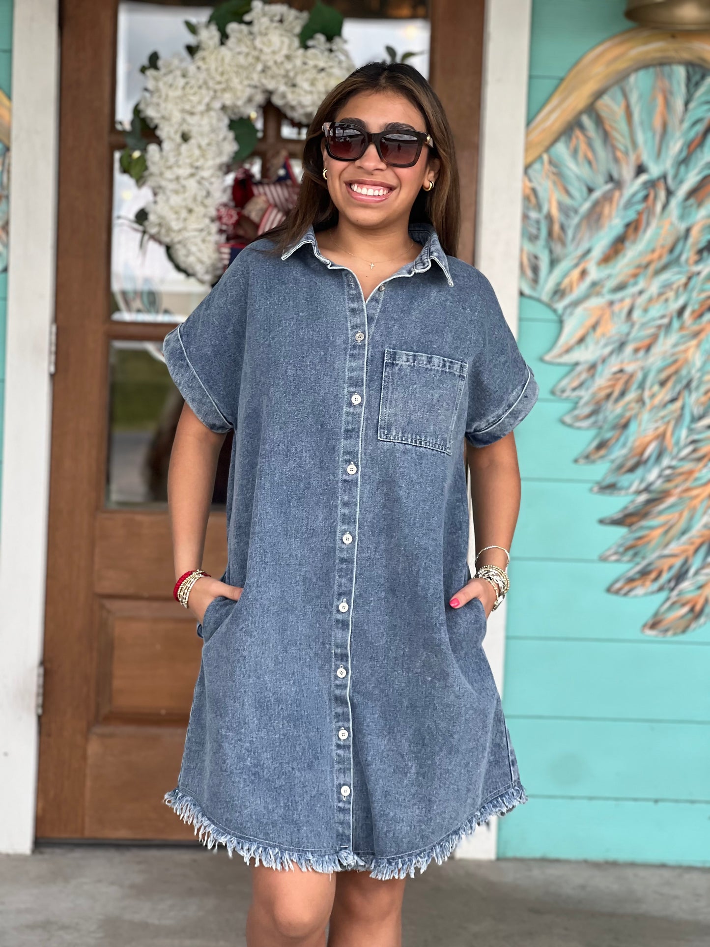 Denim Shirt Dress Frayed Hem