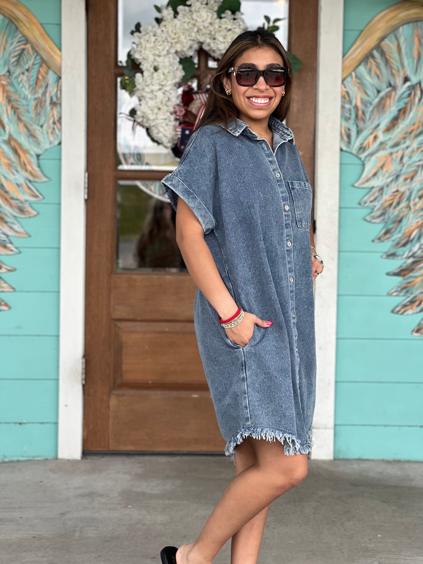 Denim Shirt Dress Frayed Hem