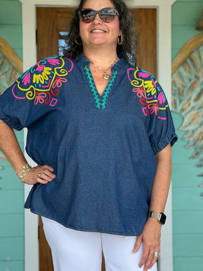 Bright Embroidered Denim Puff Sleeve Top