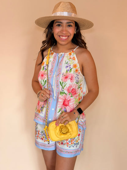 Cream Multi Floral Border Halter Top