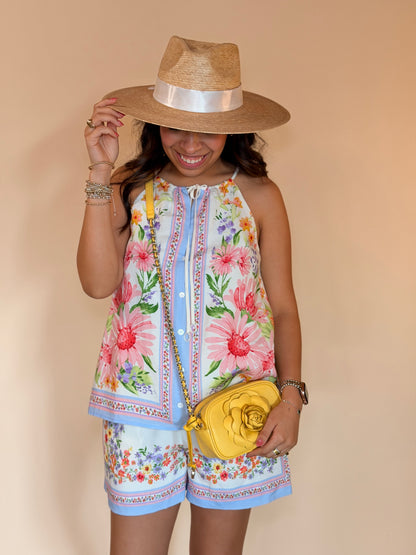 Cream Multi Floral Border Shorts