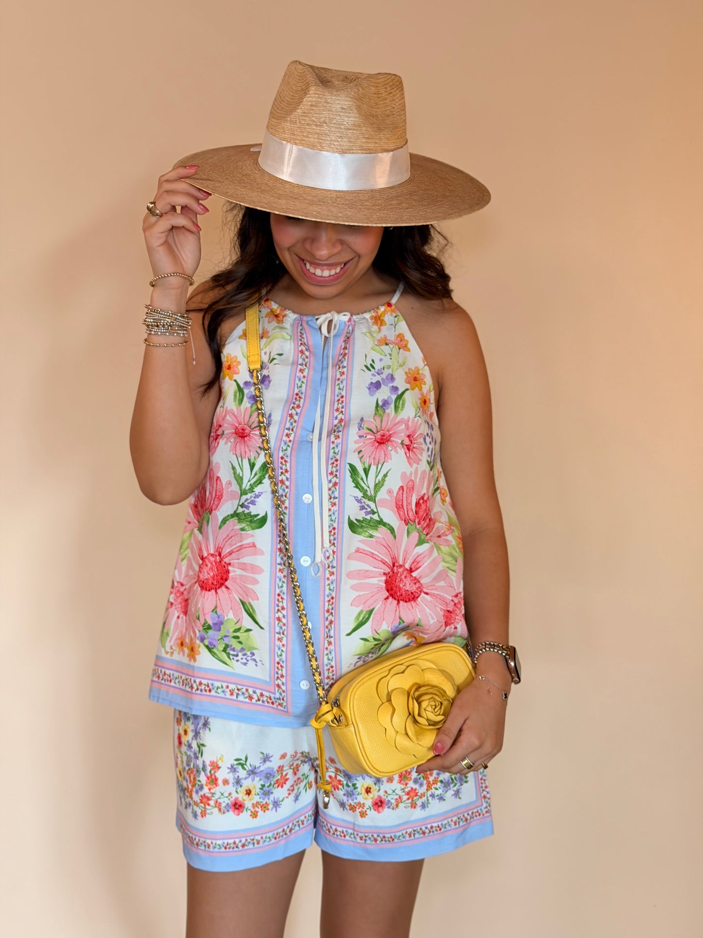 Cream Multi Floral Border Halter Top