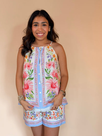 Cream Multi Floral Border Halter Top