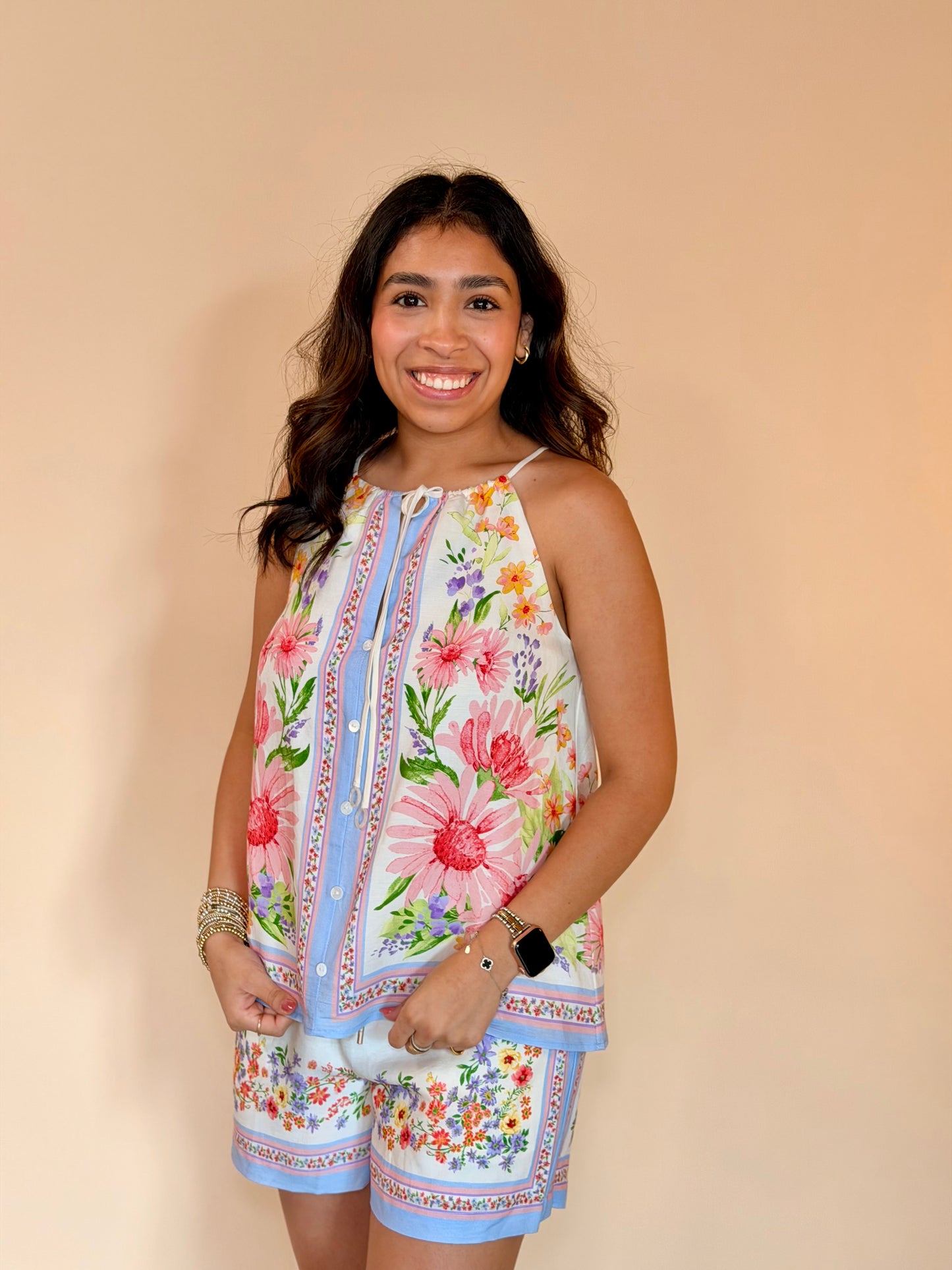 Cream Multi Floral Border Halter Top