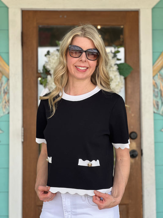 Black w/White Scallop Trim Top