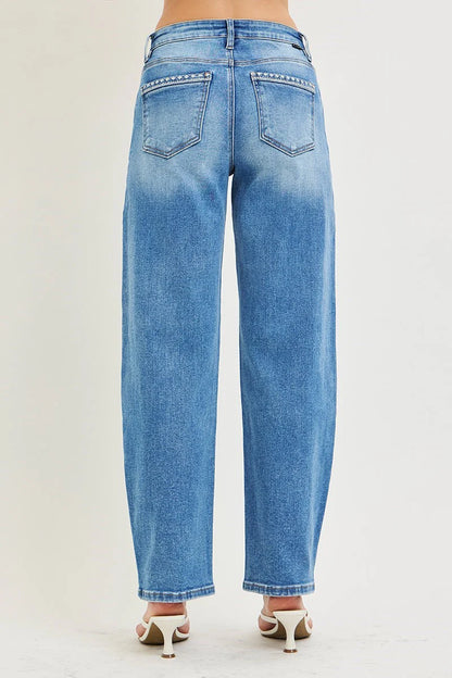Risen HR Ankle Barrel Embroidered Detail Jeans