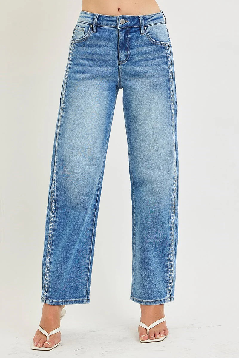 Risen HR Ankle Barrel Embroidered Detail Jeans