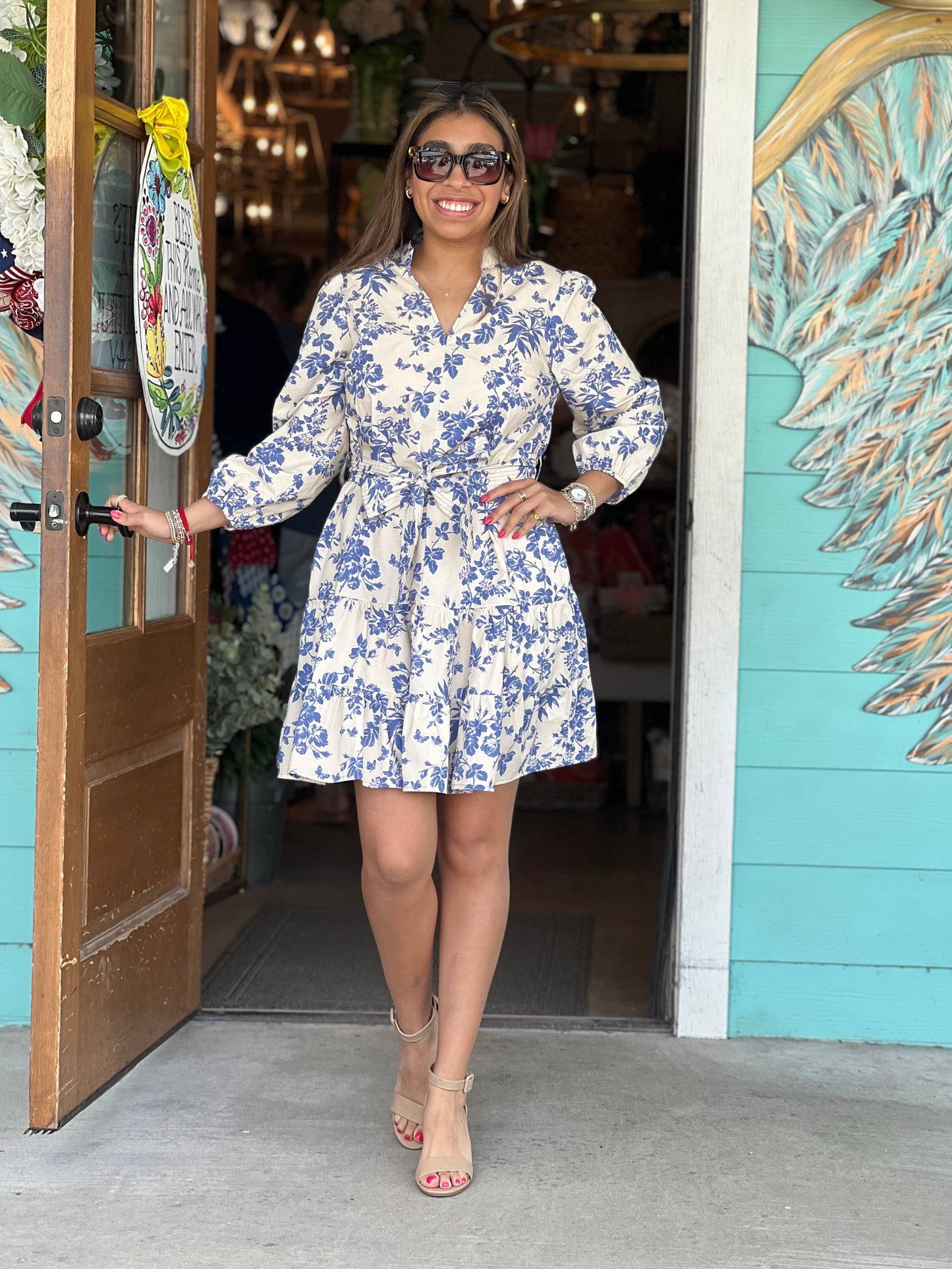 Blue Floral Print V Neck Dress
