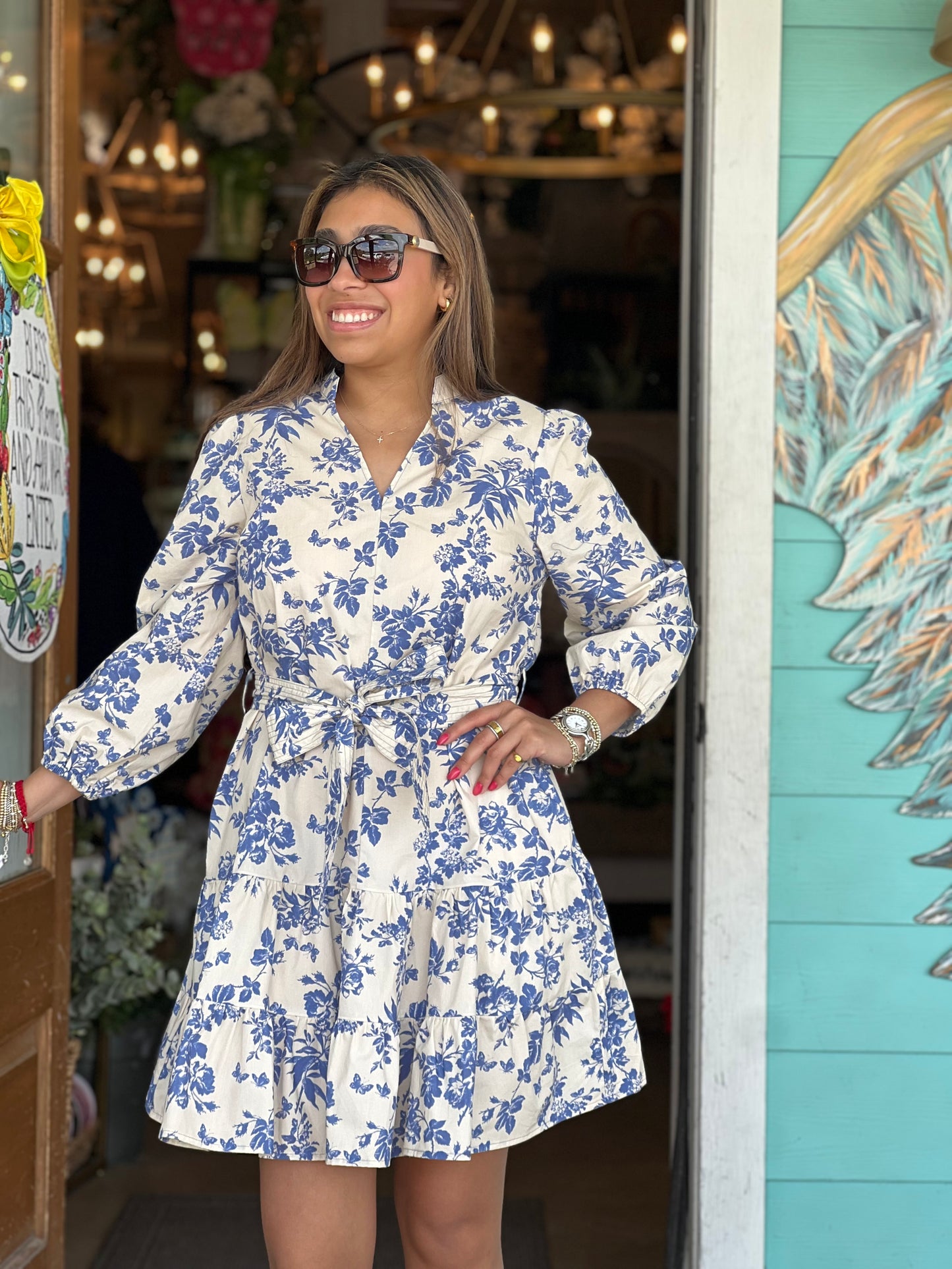 Blue Floral Print V Neck Dress