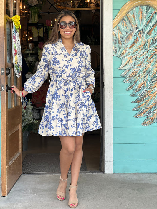 Blue Floral Print V Neck Dress
