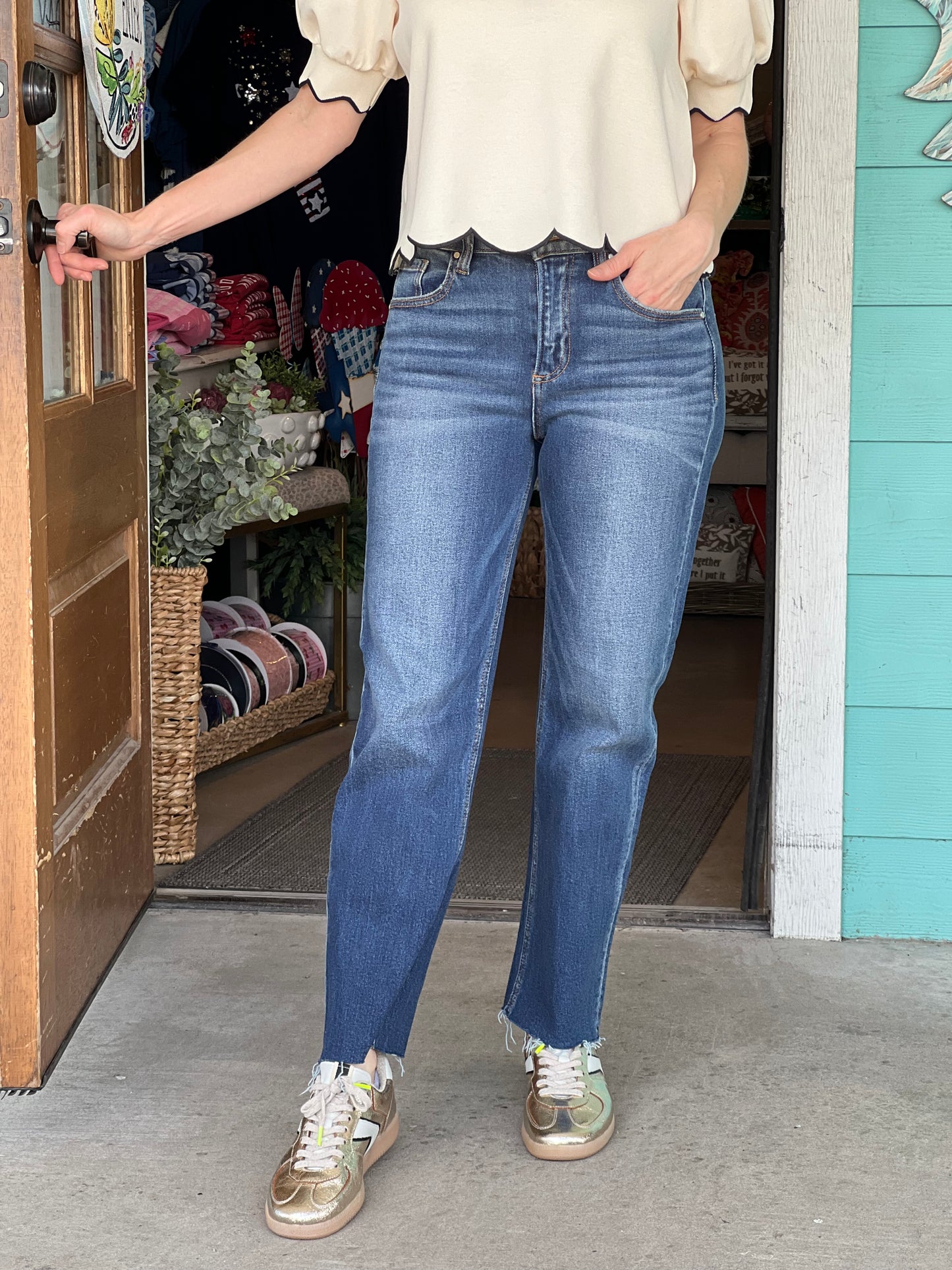 Risen High Rise Dark Slim Barrel Jean