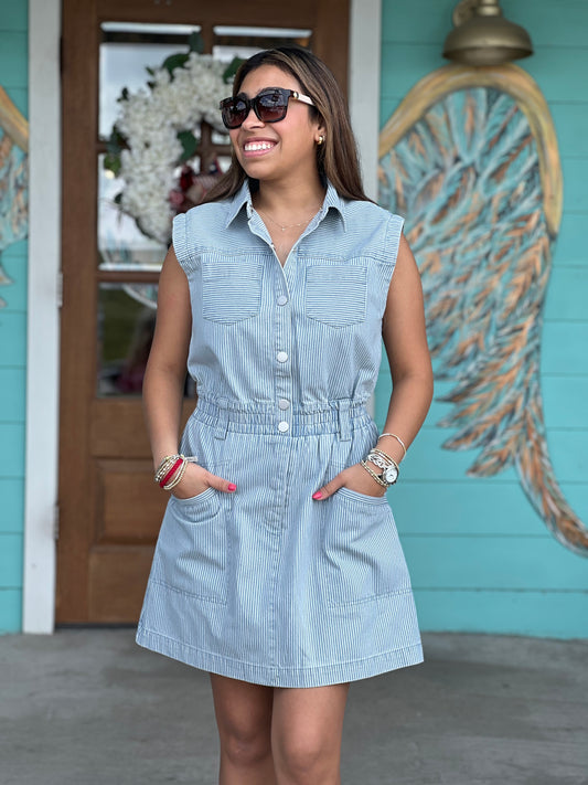 Striped Denim Patch Pocket Dress