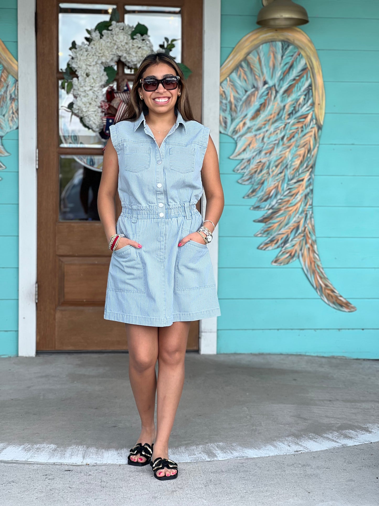 Striped Denim Patch Pocket Dress
