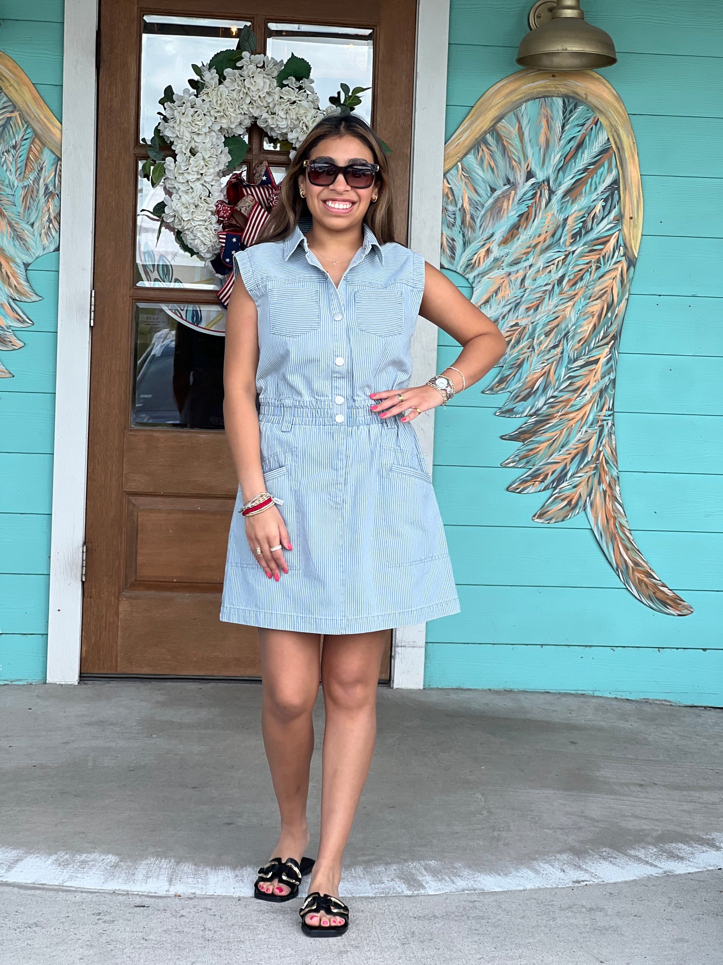 Striped Denim Patch Pocket Dress
