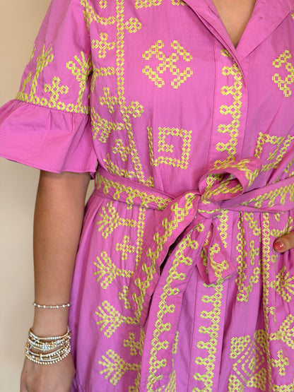 Uncle Frank Pink & Lime Green Cross Stitched Dress