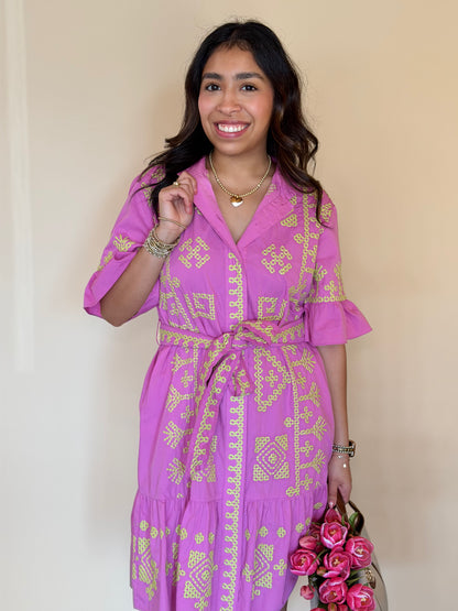 Uncle Frank Pink & Lime Green Cross Stitched Dress