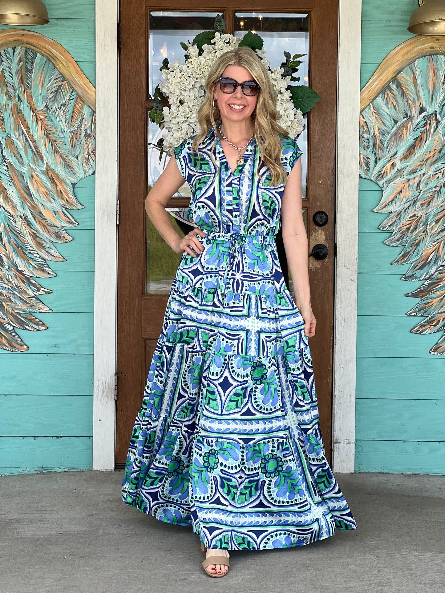 Green Blue Floral Tiered Maxi Dress
