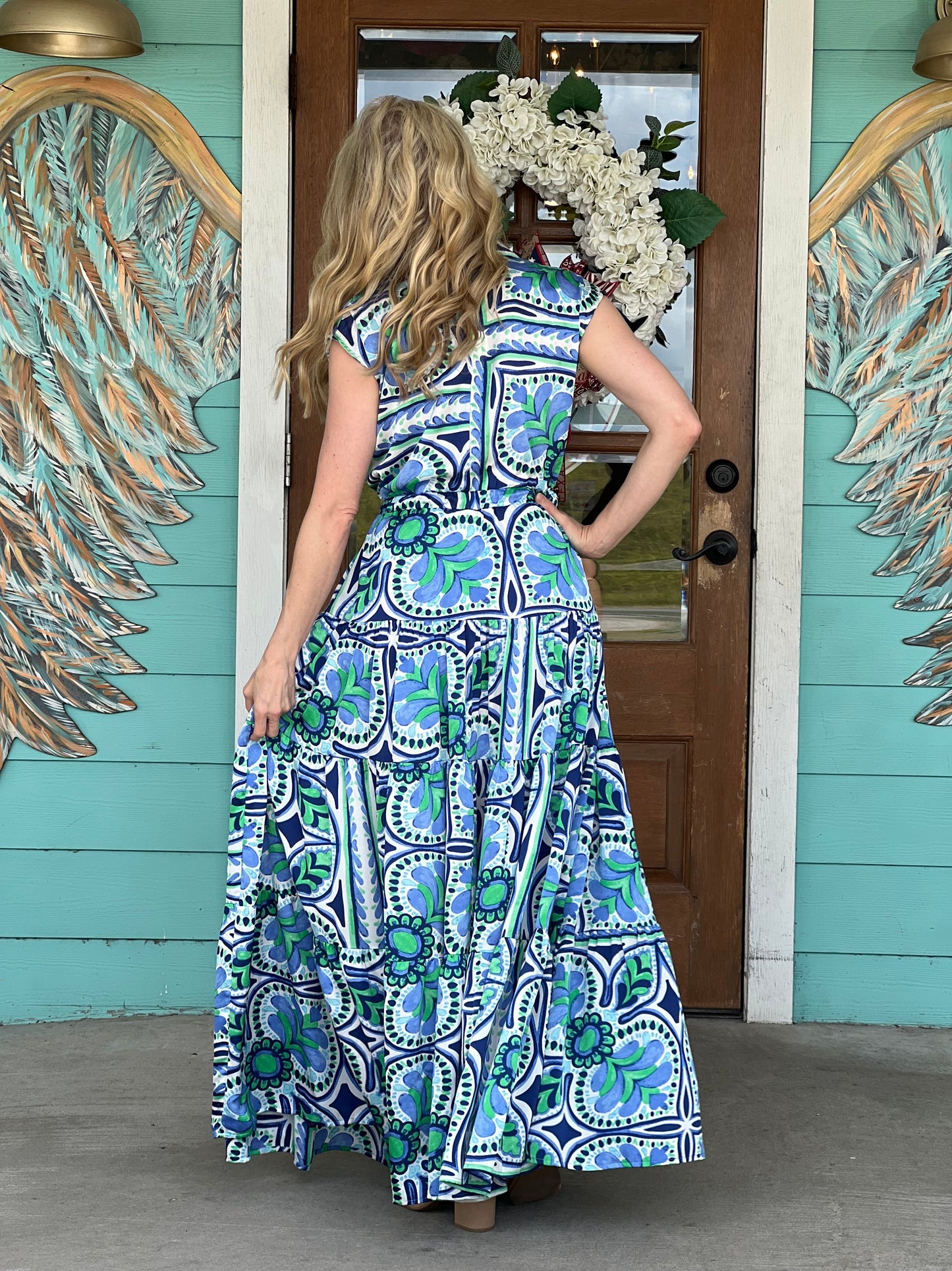 Green Blue Floral Tiered Maxi Dress