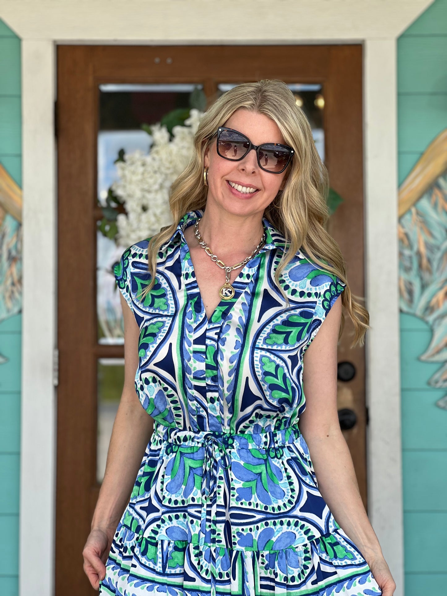 Green Blue Floral Tiered Maxi Dress
