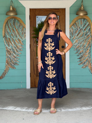 Navy Baroque Detail Midi Dress