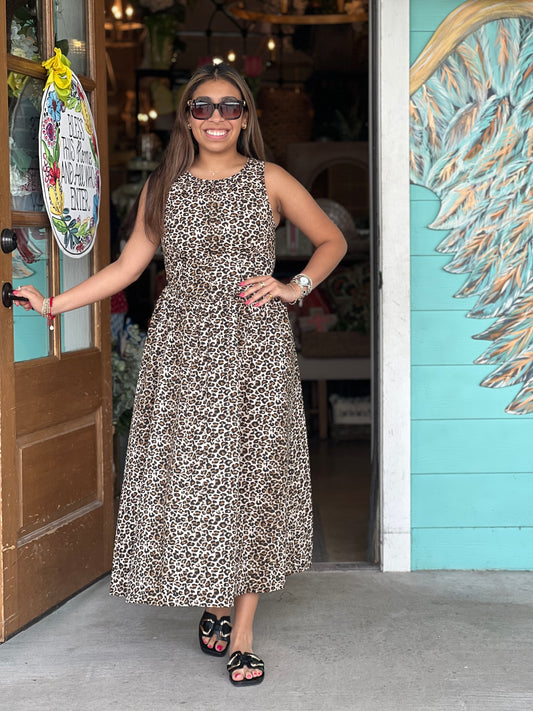 Leopard Print Poplin Midi Dress
