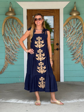 Navy Baroque Detail Midi Dress