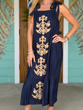 Navy Baroque Detail Midi Dress