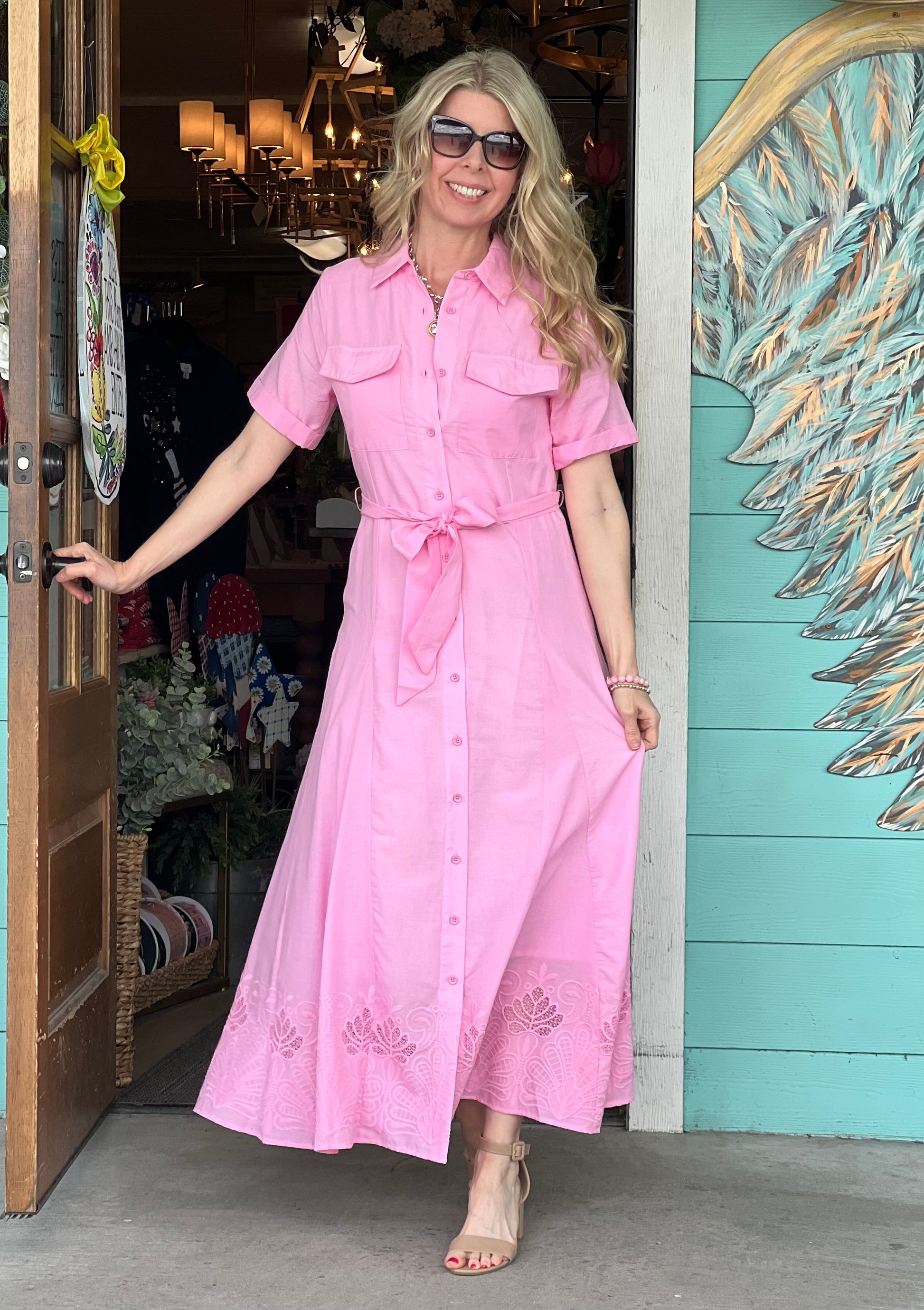 Petal Pink Button Down Midi Dress – Rhinestone Angel Petal Pink Button Down Midi Dress – Rhinestone Angel