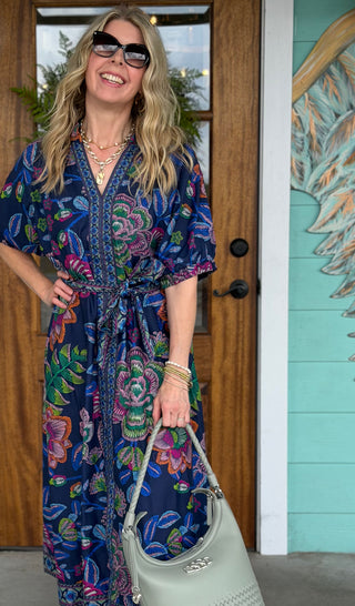 Navy Multi Floral Print Midi Dress