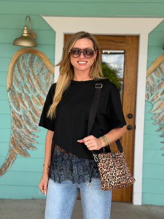 Black Floral Lace Asymmetrical Top