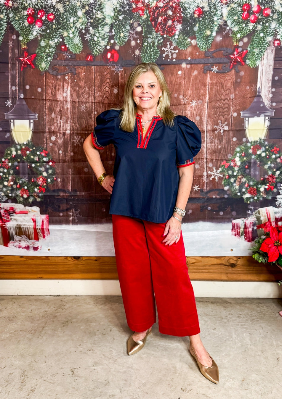 Navy Tartan Plaid Detail Top