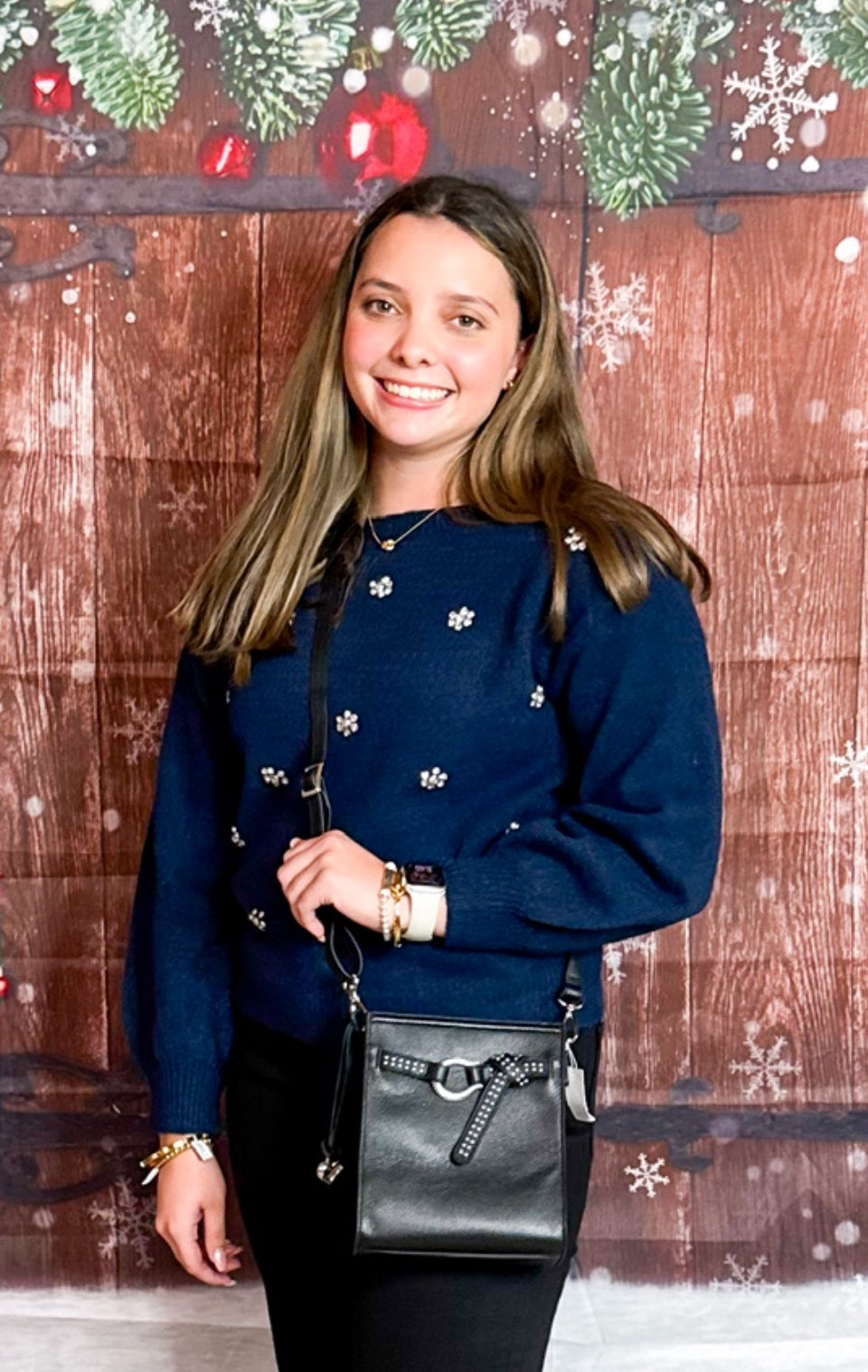 Navy Rhinestone Flower Sweater