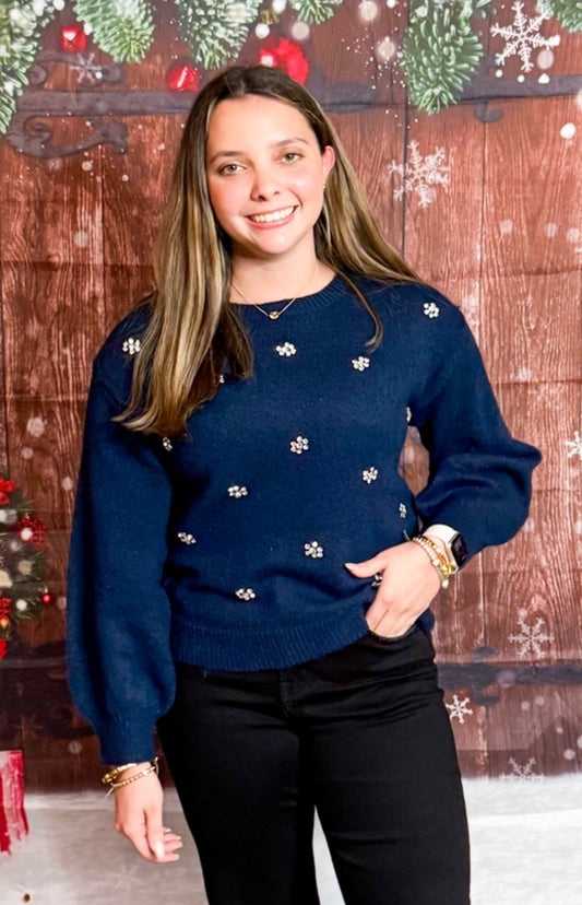 Navy Rhinestone Flower Sweater