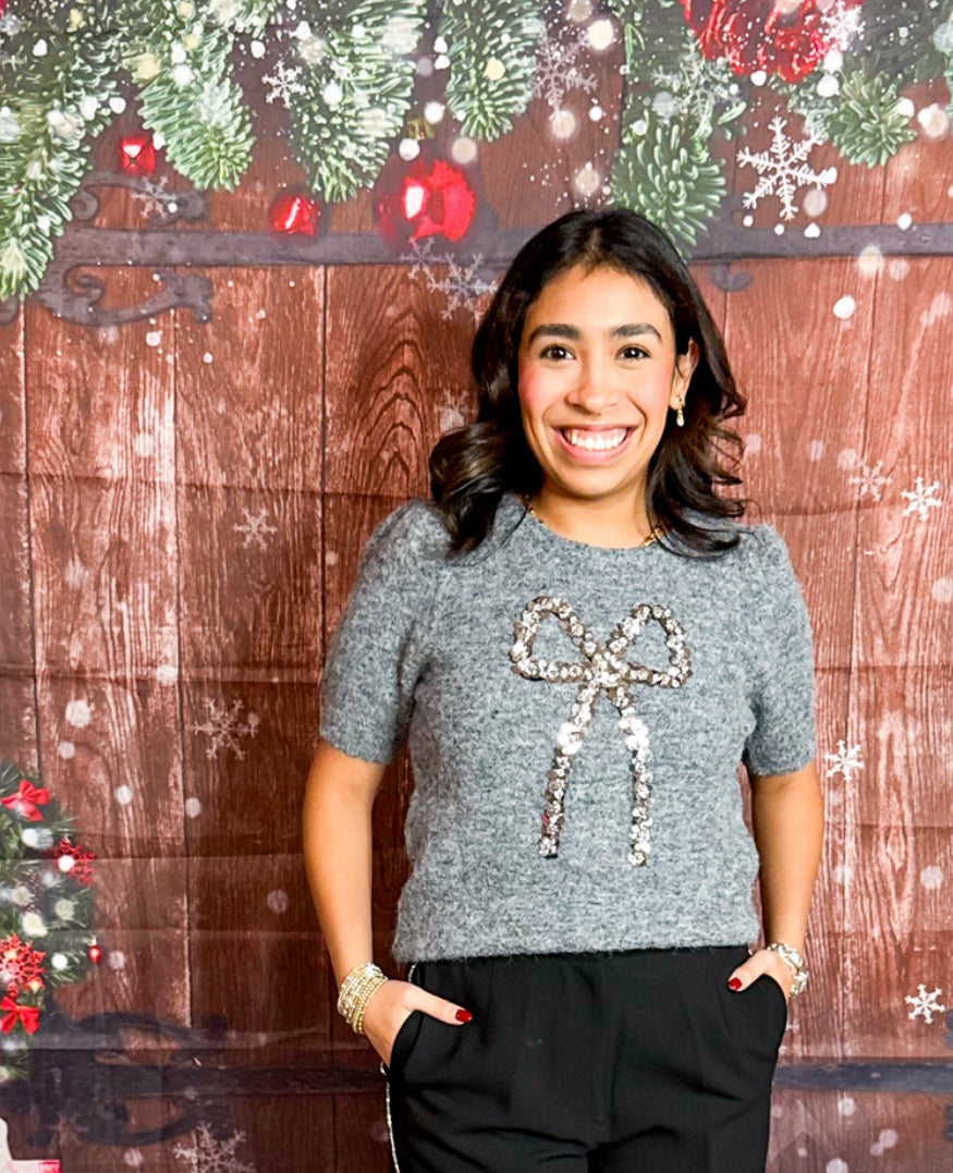 Grey Sequin Cora Bow Top