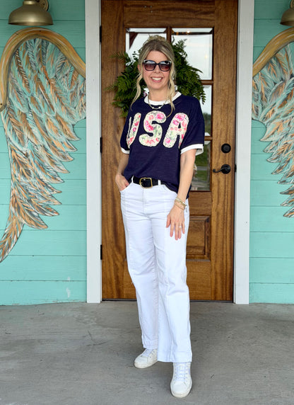 Navy USA Lace Floral Patch Top