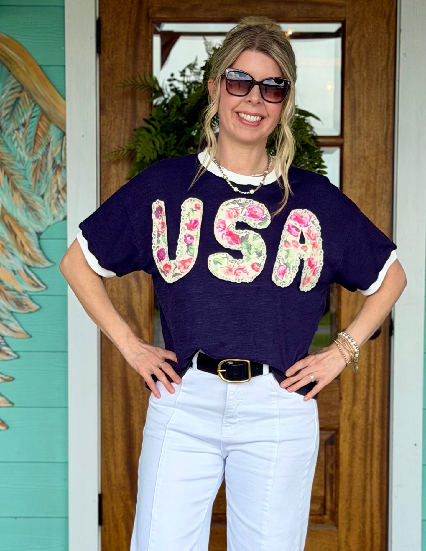Navy USA Lace Floral Patch Top