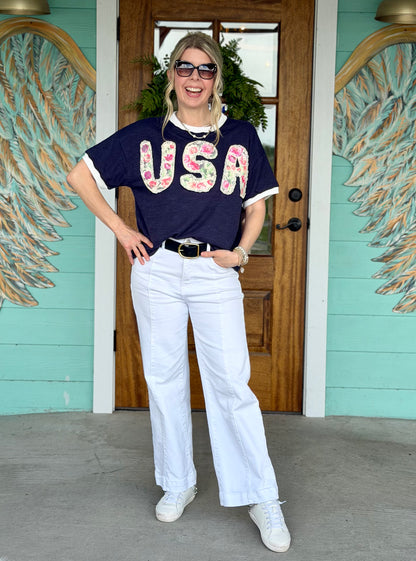 Navy USA Lace Floral Patch Top