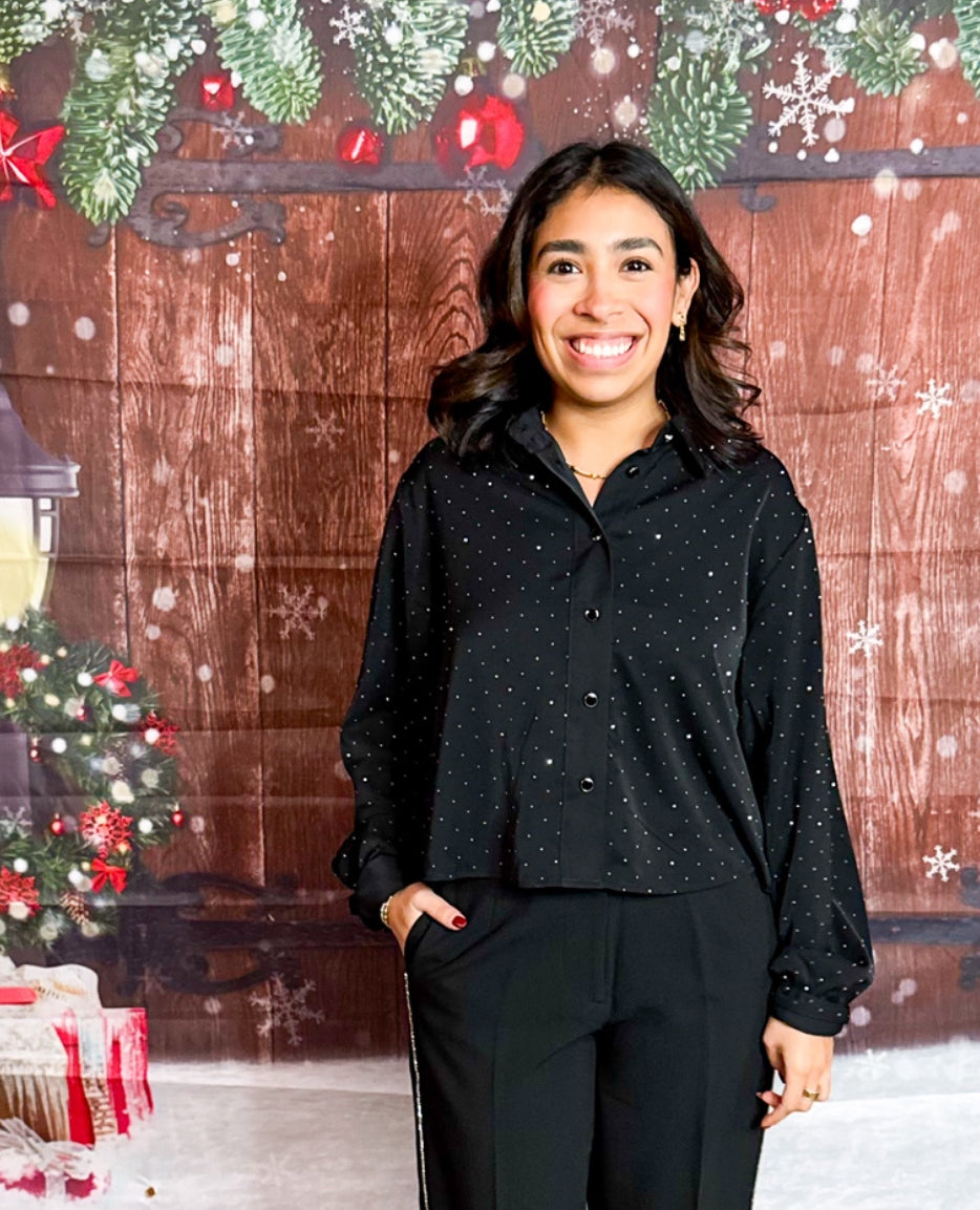 Black Rhinestone Long Sleeve Lilith Top