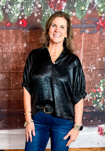 Black Metallic Dolman V-Neck Top