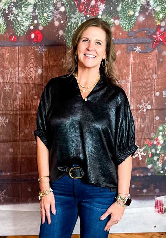 Black Metallic Dolman V-Neck Top