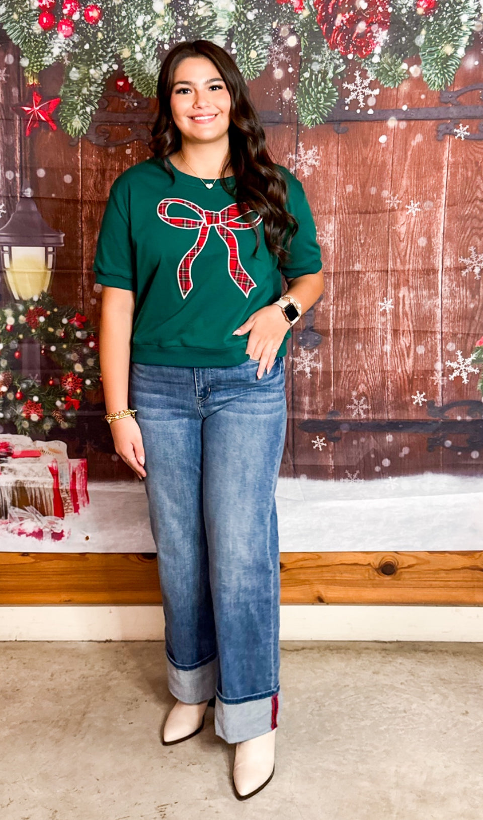 Green Plaid Bow Knit Top