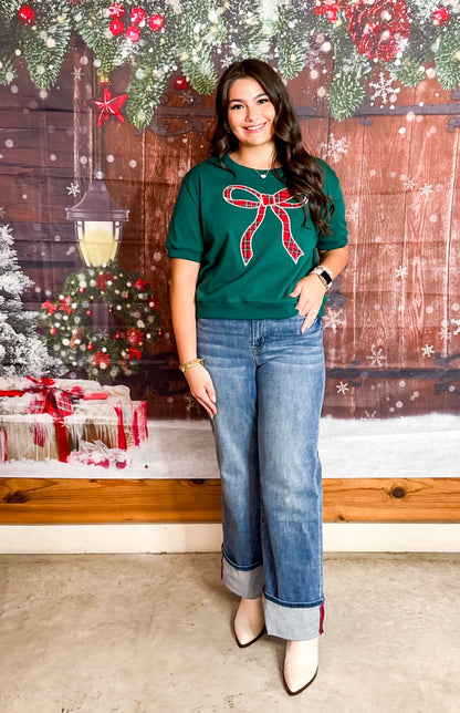 Green Plaid Bow Knit Top